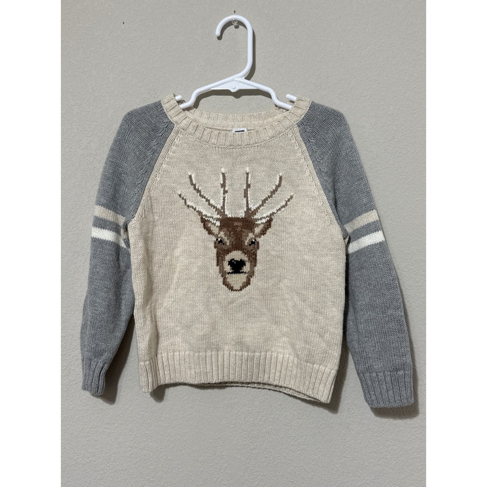 Janie and Jack Deer Sweater Toddler Size 3 Cream Gray Buck Intarsia Knit Raglan‎